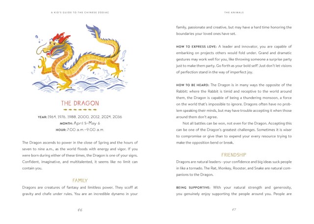 Interior spread from "A Kid's Guide to the Chinese Zodiac" displaying the beginning of the section on Dragon